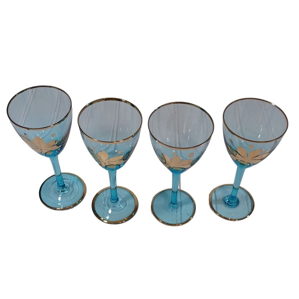 Mid Century Italian Art Glass Wine Cordial Glasses 24K Gold Turquoise Aqua Blue - Picture 4 of 7